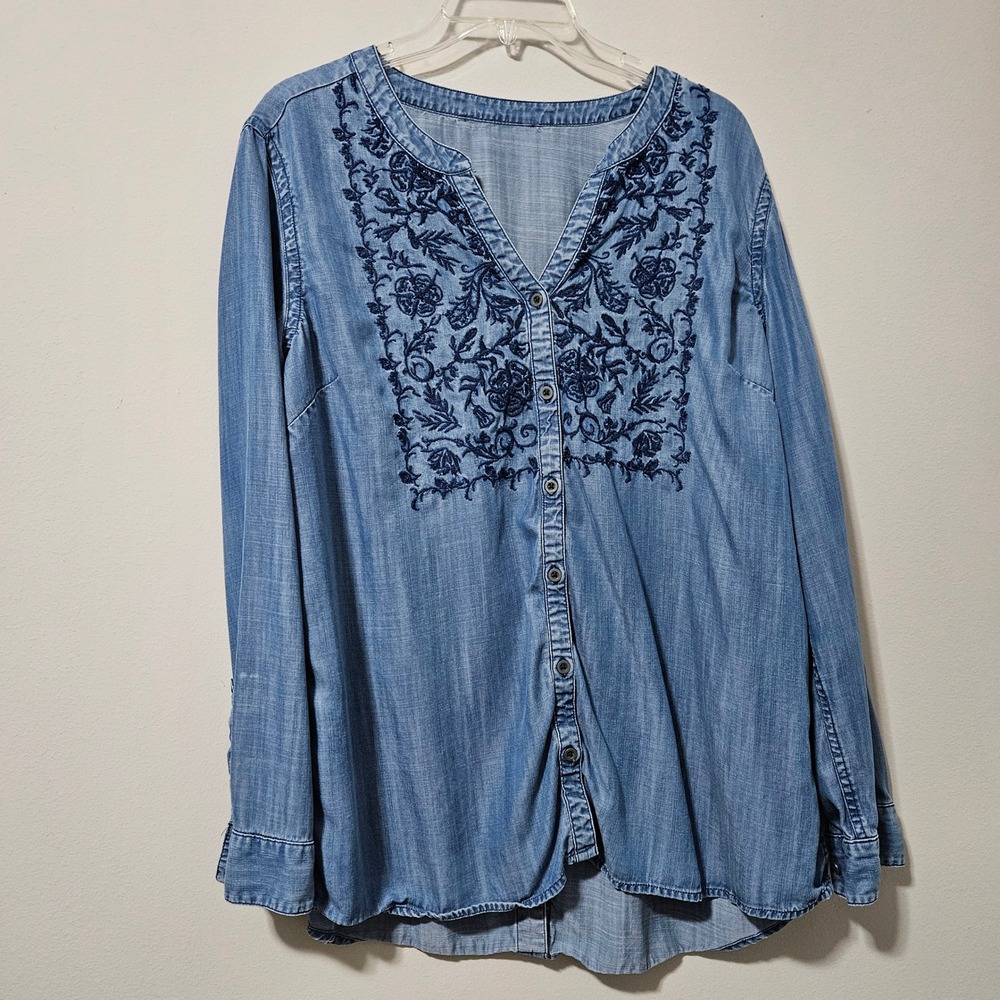 Embroidered Chambray Button Down Top Blue Floral Long Sleeve Boho Blouse